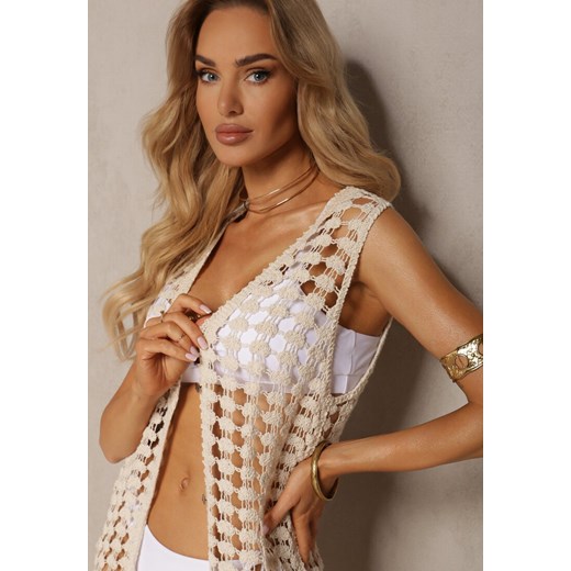 Jasnobeżowa Ażurowa Narzutka z Frędzlami Bez Rękawów na Guziki Zremelia Renee ONE SIZE promocyjna cena renee.pl