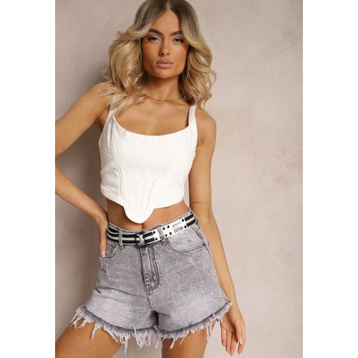 Jasnoszare Szorty Jeansowe z Bawełny High Waist Ozdobione Paskiem i Postrzępionymi Nogawkami Moalise ze sklepu renee.pl w kategorii Szorty - zdjęcie 179904523