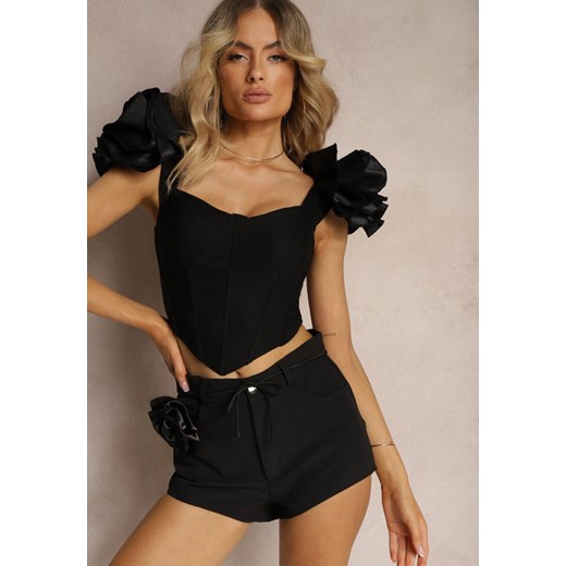 Czarne Szorty High Waist Wykończone Odpinaną Aplikacją Kwiatkiem 3D Crinna ze sklepu renee.pl w kategorii Szorty - zdjęcie 179905430