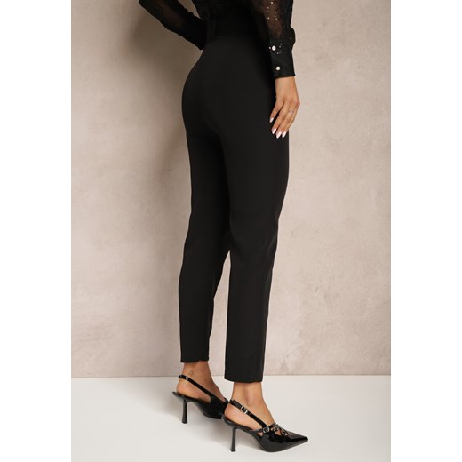 Czarne Dopasowane Spodnie Garniturowe High Waist z Paskiem w Talii Ozdobionym Renee M promocja renee.pl