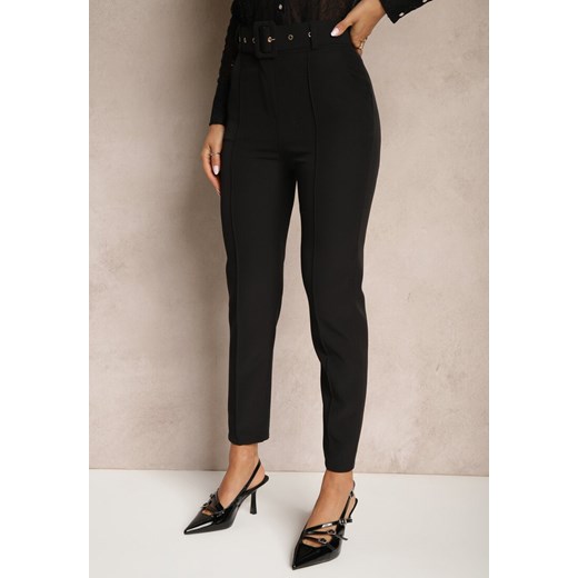 Czarne Dopasowane Spodnie Garniturowe High Waist z Paskiem w Talii Ozdobionym Renee XS renee.pl promocyjna cena