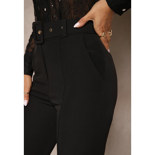 Czarne Dopasowane Spodnie Garniturowe High Waist z Paskiem w Talii Ozdobionym Renee XS wyprzedaż renee.pl