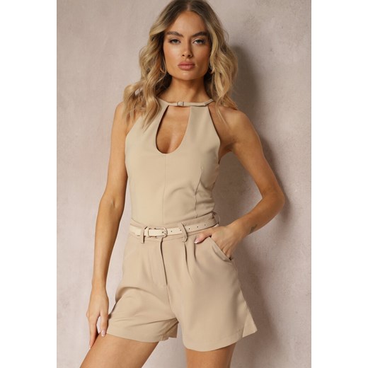 Beżowe  Szorty Bermudy High Waist o Eleganckim Wykończeniu Verpia ze sklepu renee.pl w kategorii Szorty - zdjęcie 179905910