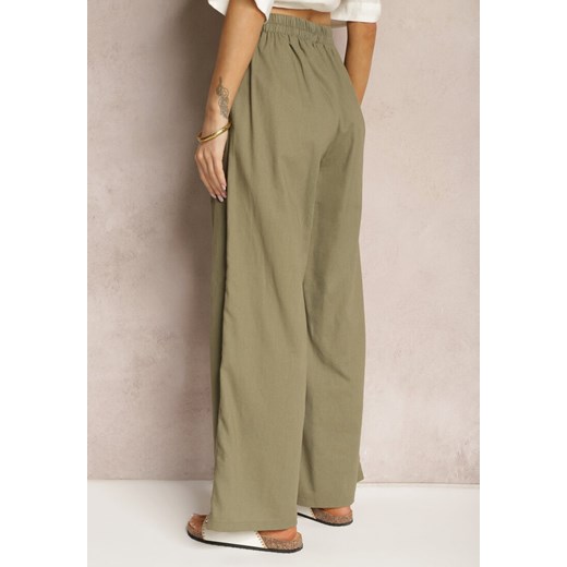 Ciemnozielone Spodnie z Bawełny i Lnem High Waist Kolalia Renee 2XL wyprzedaż renee.pl