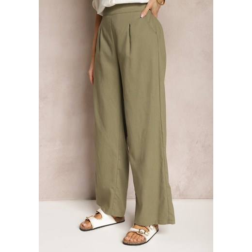 Ciemnozielone Spodnie z Bawełny i Lnem High Waist Kolalia Renee XL okazja renee.pl