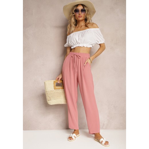 Ciemnoróżowe Spodnie Regular High Waist z Wiązaniem w Pasie Dimeca ze sklepu renee.pl w kategorii Spodnie damskie - zdjęcie 179906772