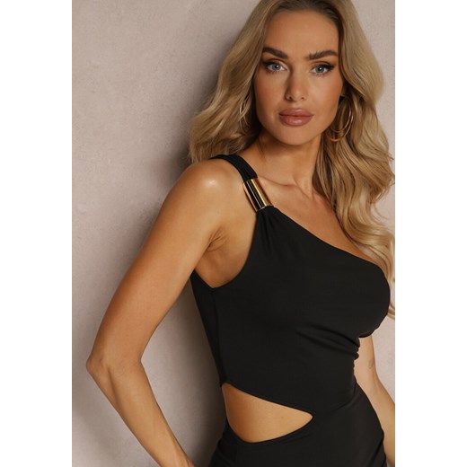 Czarna Wieczorowa Sukienka na Jedno Ramię z Wycięciem Ozdobiona Metalową Klamrą Renee S renee.pl okazyjna cena