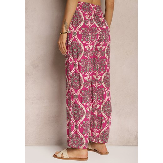 Fuksjowe Wiskozowe Spodnie Boho High Waist z Szerokimi Nogawkami i Gumką w Talii Renee L okazyjna cena renee.pl