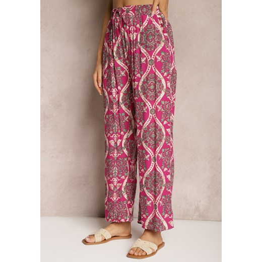 Fuksjowe Wiskozowe Spodnie Boho High Waist z Szerokimi Nogawkami i Gumką w Talii Renee L promocja renee.pl