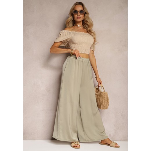 Jasnozielone Wiskozowe Spodnie Szerokie High Waist Rissalene ze sklepu renee.pl w kategorii Spodnie damskie - zdjęcie 179909364