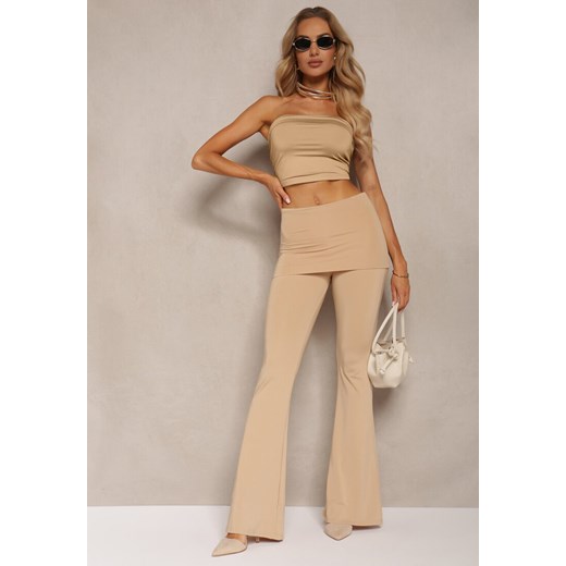 Beżowe Elastyczne Spodnie o Kroju Dzwonów High Waist z Modelującego Materiału Ivolea ze sklepu renee.pl w kategorii Spodnie damskie - zdjęcie 179909641