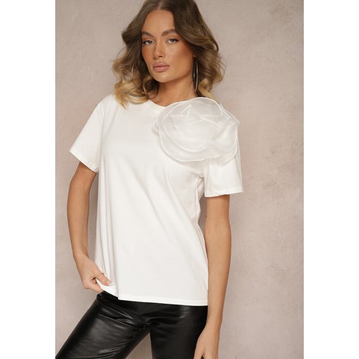 Biały Bawełniany T-shirt z Krótkim Rękawem i Ozdobnym Kwiatem Krissas ze sklepu renee.pl w kategorii Bluzki damskie - zdjęcie 179909684