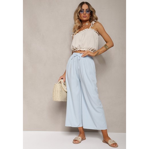 Jasnoniebieskie Spodnie High Waist z Szerokimi Nogawkami z Wiskozą Wykończone Gumką w Talii Crisantas ze sklepu renee.pl w kategorii Spodnie damskie - zdjęcie 179909784