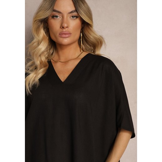 Sukienka czarna Renee mini prosta z dekoltem w serek z długim rękawem 