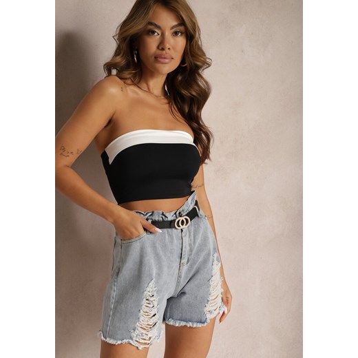 Jasnoniebieskie Bawełniane Szorty Jeansowe z Paskiem i Przetarciami High Waist Vikisona ze sklepu renee.pl w kategorii Szorty - zdjęcie 179911130