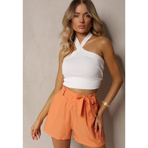 Pomarańczowe Szorty Bermudy High Waist z Dodatkiem Bawełny Wiązane w Pasie Quisevia ze sklepu renee.pl w kategorii Szorty - zdjęcie 179912183