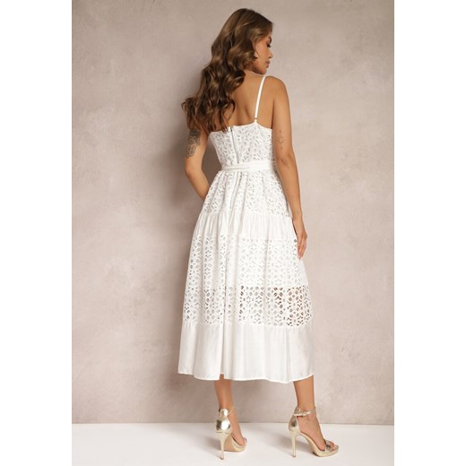 Biała Ażurowa Sukienka o Rozkloszowanym Kroju na Ramiączkach z Materiałowym Renee S renee.pl wyprzedaż