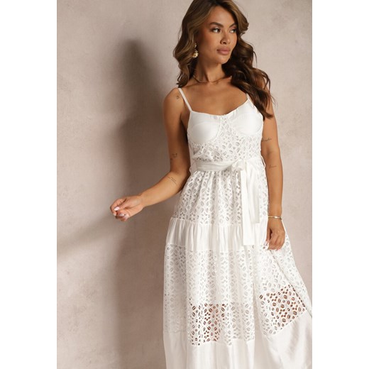 Biała Ażurowa Sukienka o Rozkloszowanym Kroju na Ramiączkach z Materiałowym Renee S renee.pl okazja