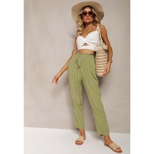 Zielone Spodnie z Bawełny Typu Paper Bag High Waist z Gumką w Talii Kitanea ze sklepu renee.pl w kategorii Spodnie damskie - zdjęcie 179912530