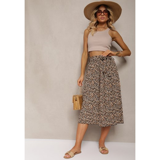 Czarno-Beżowe Plisowane Spodnie Szwedy High Waist z Materiałowym Paskiem i Gumką w Talii Isefia ze sklepu renee.pl w kategorii Spodnie damskie - zdjęcie 179912601