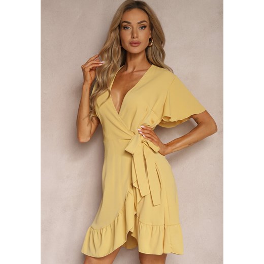 Sukienka Renee żółta z krótkim rękawem mini kopertowa elegancka 