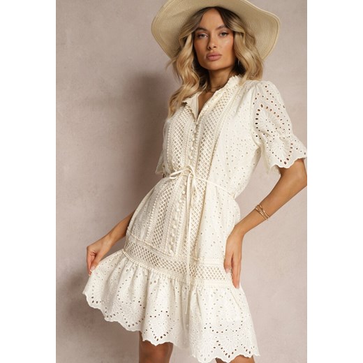 Jasnobeżowa Sukienka Boho z Bawełny Ozdobiona Ażurowym Wzorem Falbaną i Przewiązana Paskiem Nelah ze sklepu renee.pl w kategorii Sukienki - zdjęcie 179914600