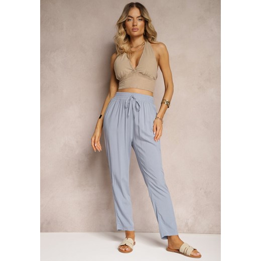 Jasnoniebieskie Spodnie Paper Bag High Waist z Bawełny z Gumką w Talii Emorea ze sklepu renee.pl w kategorii Spodnie damskie - zdjęcie 179914710