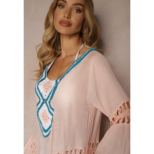 Różowa Luźna Sukienka Mini Narzutka z Szydełkowym Zdobieniem Elvin Renee ONE SIZE okazja renee.pl