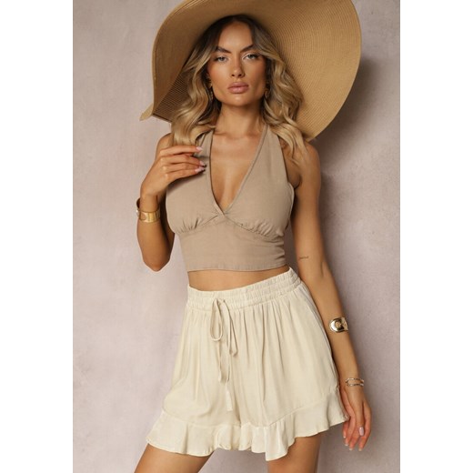 Beżowe Szorty High Waist o Luźnym Kroju z Gumką w Pasie i Falbanką Kinnea ze sklepu renee.pl w kategorii Szorty - zdjęcie 179915000