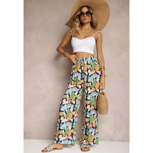 Granatowo-Niebieskie Szerokie Spodnie z Wiskozy High Waist w Kwiaty Wykończone Gumką w Talii Dennea ze sklepu renee.pl w kategorii Spodnie damskie - zdjęcie 179915050