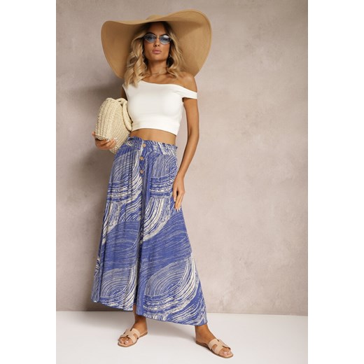 Niebieskie Szerokie Spodnie 7/8 High Waist z Wiskozy Wykończone Gumką w Pasie Risallni ze sklepu renee.pl w kategorii Spodnie damskie - zdjęcie 179915180