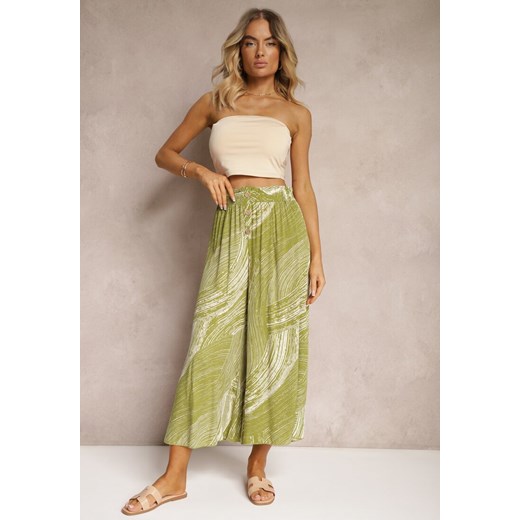 Zielone Szerokie Spodnie 7/8 High Waist z Wiskozy Wykończone Gumką w Pasie Risallni ze sklepu renee.pl w kategorii Spodnie damskie - zdjęcie 179915190