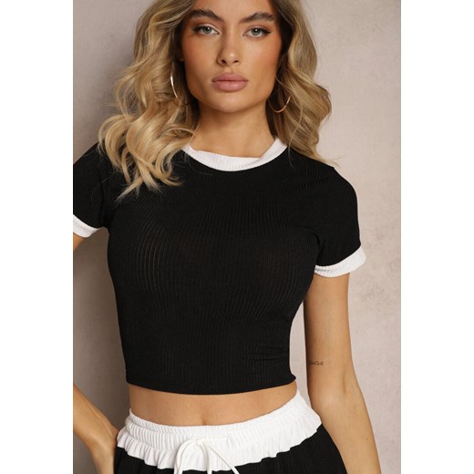 Czarny Komplet z Prążkowanego Materiału T-shirt Szerokie Spodnie z Gumką w Pasie Renee S wyprzedaż renee.pl