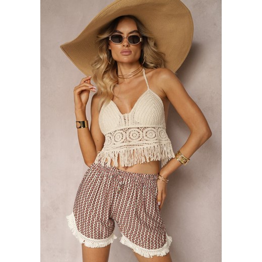 Pomarańczowo-Beżowe Szorty z Wiskozy High Waist o Luźnym Kroju z Gumką w Pasie i Frędzlami Vimae ze sklepu renee.pl w kategorii Szorty - zdjęcie 179917013