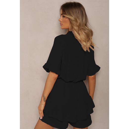 Czarny Kombinezon o Taliowanym Kroju z Falbanką przy Rękawach i Gumką w Pasie Renee ONE SIZE renee.pl wyprzedaż