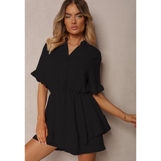 Czarny Kombinezon o Taliowanym Kroju z Falbanką przy Rękawach i Gumką w Pasie Renee ONE SIZE okazja renee.pl