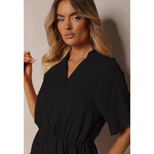 Czarny Kombinezon o Taliowanym Kroju z Falbanką przy Rękawach i Gumką w Pasie Renee ONE SIZE okazja renee.pl