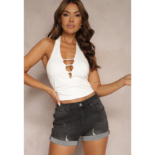 Czarne Szorty Jeansowe Push Up z Wiskozą i Bawełną High Waist z Przetarciami Vimillda ze sklepu renee.pl w kategorii Szorty - zdjęcie 179917724