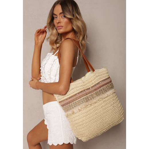 Beżowa Jednokomorowa Torebka Shopperka w Stylu Boho Wykończona Frędzlami Rivelae ze sklepu renee.pl w kategorii Torby Shopper bag - zdjęcie 179918004