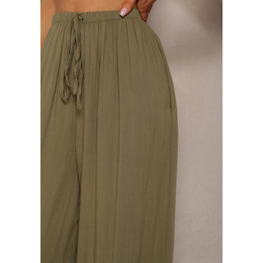 Ciemnozielone Szerokie Spodnie High Waist z Gumką w Talii Ilnena Renee ONE SIZE wyprzedaż renee.pl