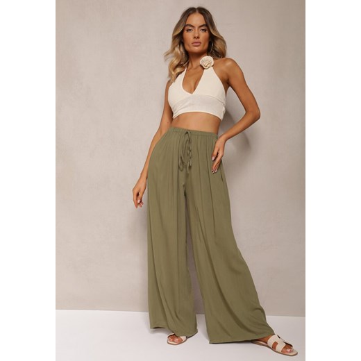 Ciemnozielone Szerokie Spodnie High Waist z Gumką w Talii Ilnena Renee ONE SIZE promocyjna cena renee.pl