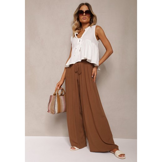 Brązowe Szerokie Spodnie High Waist z Gumką w Talii Ilnena Renee ONE SIZE renee.pl