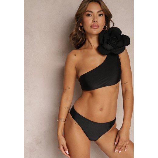 Czarne Bikini 2-Częściowe Stanik z Aplikacją Kwiatu na Jedno Ramię Majtki Typu Figi Valmelba ze sklepu renee.pl w kategorii Stroje kąpielowe - zdjęcie 179918950