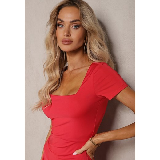 Czerwona Sukienka Midi z Kwadratowym Dekoltem i Drapowaniem Charloti Renee S promocja renee.pl