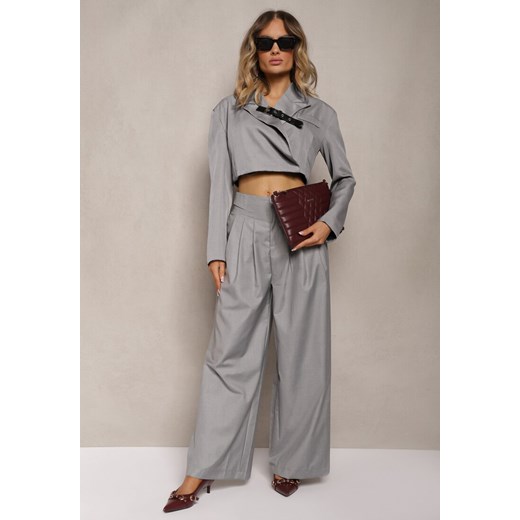 Szare Eleganckie Spodnie High Waist o Szerokim Kroju z Dodatkiem Wiskozy Irelivia ze sklepu renee.pl w kategorii Spodnie damskie - zdjęcie 179919494