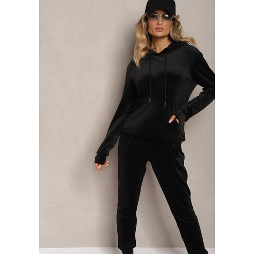 Czarny Komplet Dresowy z Weluru Spodnie z Gumką w Pasie i Bluza z Kapturem Renee XL renee.pl wyprzedaż