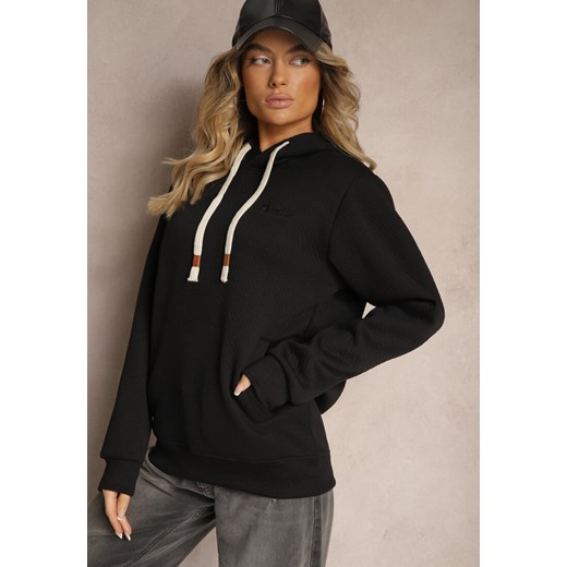 Czarna Casualowa Bluza z Dodatkiem Bawełny Kapturem i Ozdobnymi Sznurkami Renee M okazja renee.pl