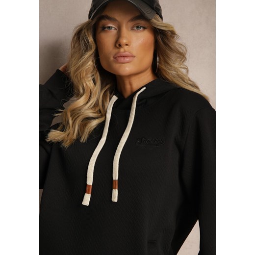 Czarna Casualowa Bluza z Dodatkiem Bawełny Kapturem i Ozdobnymi Sznurkami Renee L promocja renee.pl