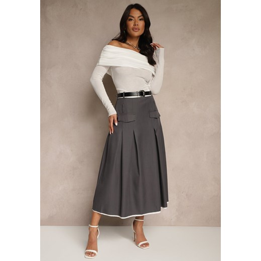Szara Spódnica High Waist z Plisami Wykończona Imitacją Kieszeni i Paskiem Evilenes ze sklepu renee.pl w kategorii Spódnice - zdjęcie 179920734