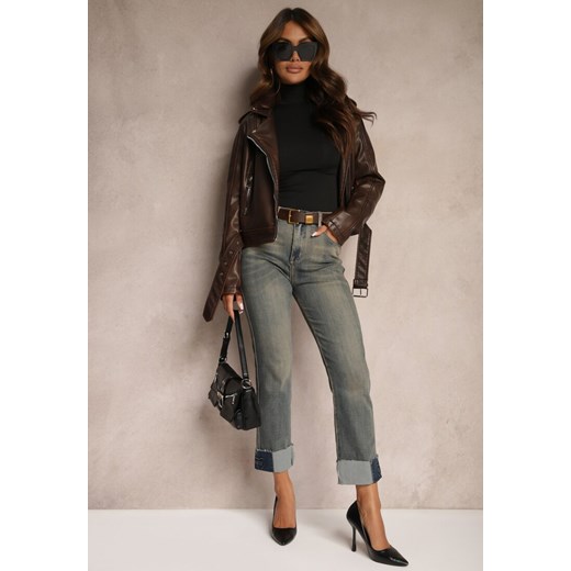 Niebiesko-Szare  Jeansy High Waist z Bawełny z Efektem Postarzenia i Modnym Paskiem Rilelle ze sklepu renee.pl w kategorii Jeansy damskie - zdjęcie 179921614